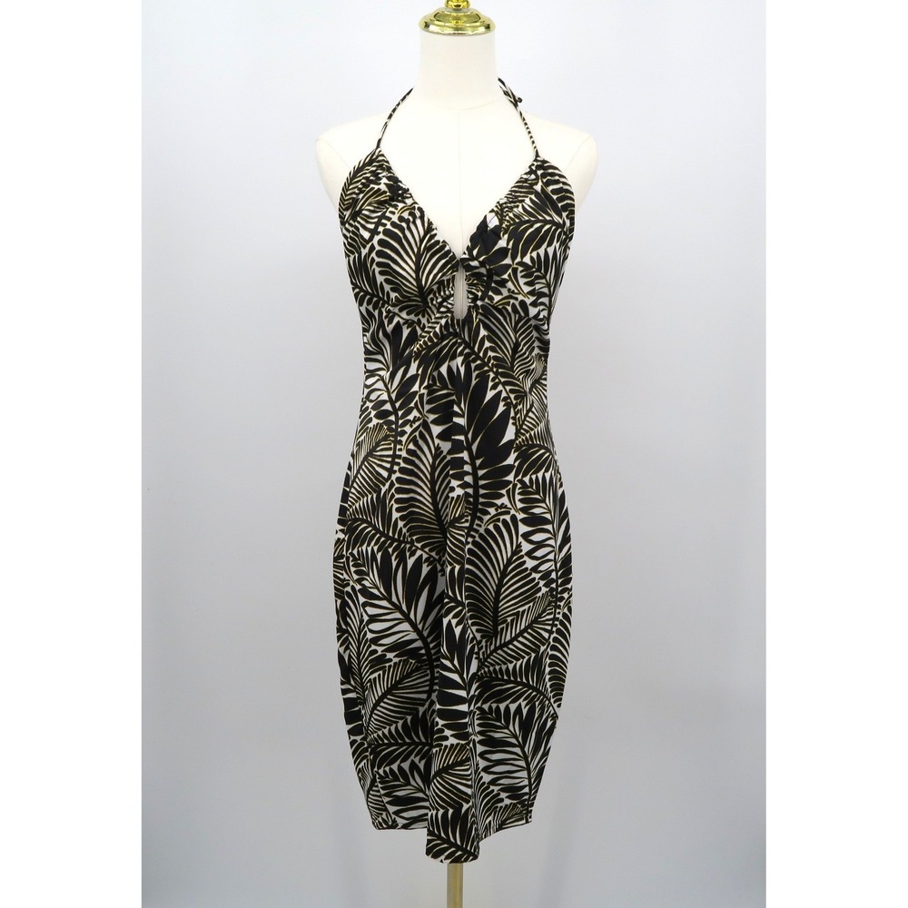 Christian Lacroix Tropical Palm Leaf Halter‎ Midi Dress Black Yellow Size S